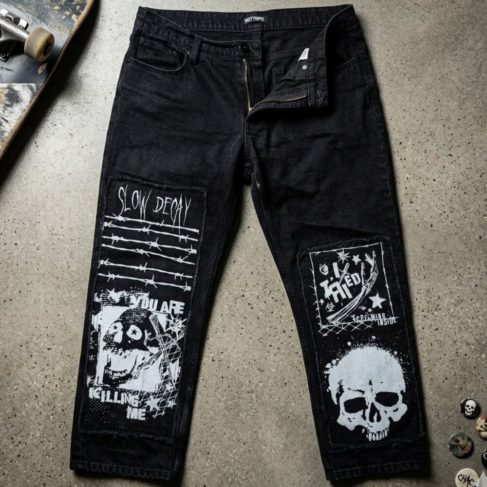 Hot Topic Mall Goth Punk Patchwork Black Denim Jeans Skulls Barbed Wire 32x32